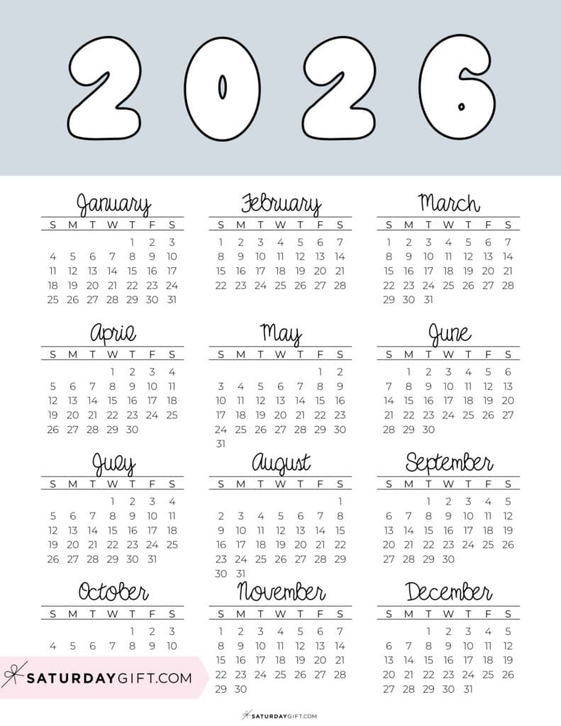 Printable Full Year Calendar 2026 Grey Free Printable PDF | SaturdayGift