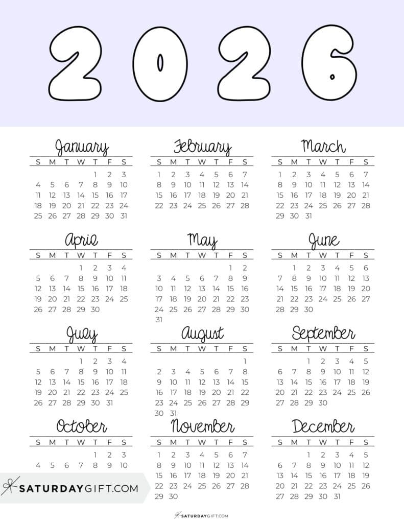Printable Full Year Calendar 2026 Lilac Free Printable PDF | SaturdayGift