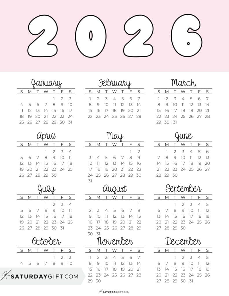 Printable Full Year Calendar 2026 Pink Free Printable PDF | SaturdayGift