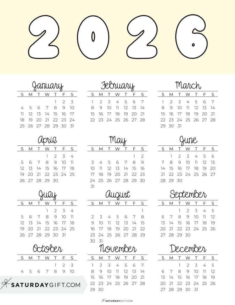 Printable Full Year Calendar 2026 Yellow Free Printable PDF | SaturdayGift