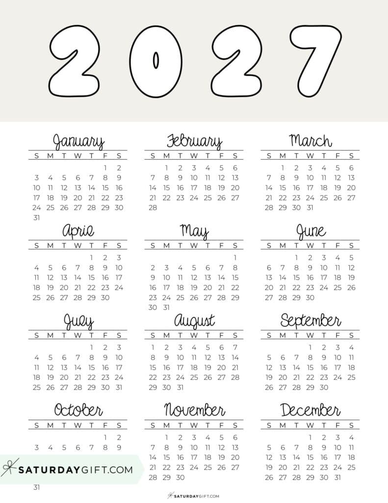Printable Full Year Calendar 2027 Beige Free Printable PDF