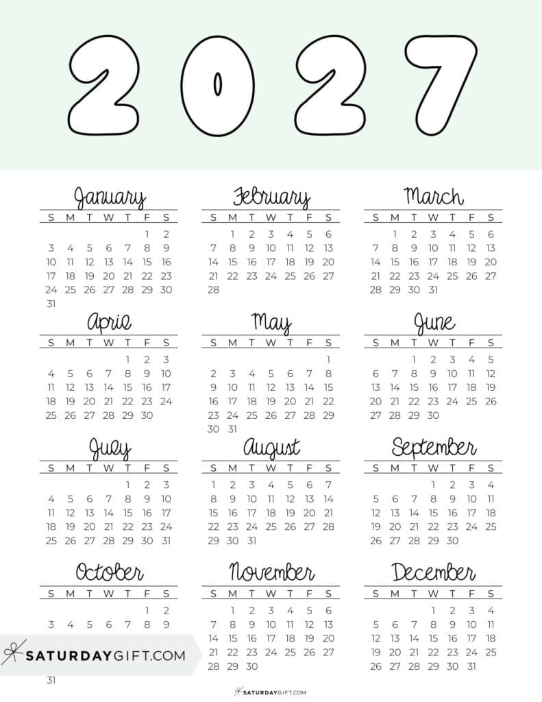 Printable Full Year Calendar 2027 Green Free Printable PDF