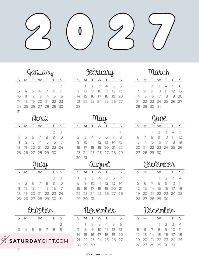 Printable Full Year Calendar 2027 Grey Free Printable PDF