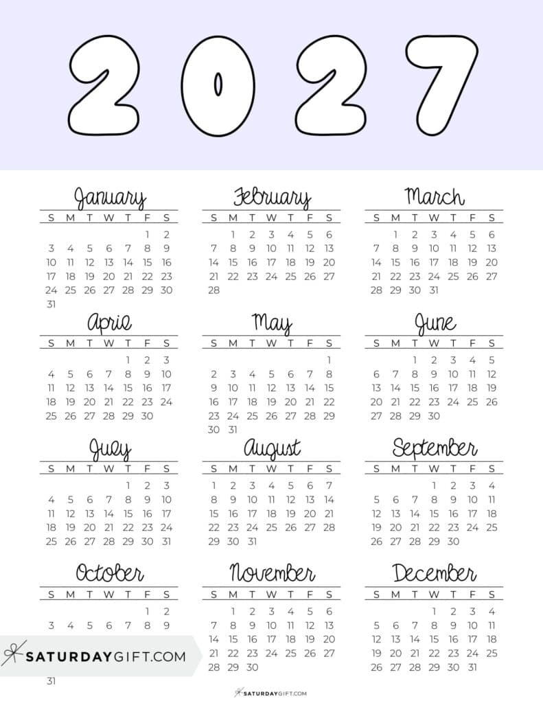 Printable Full Year Calendar 2027 Lilac Free Printable PDF