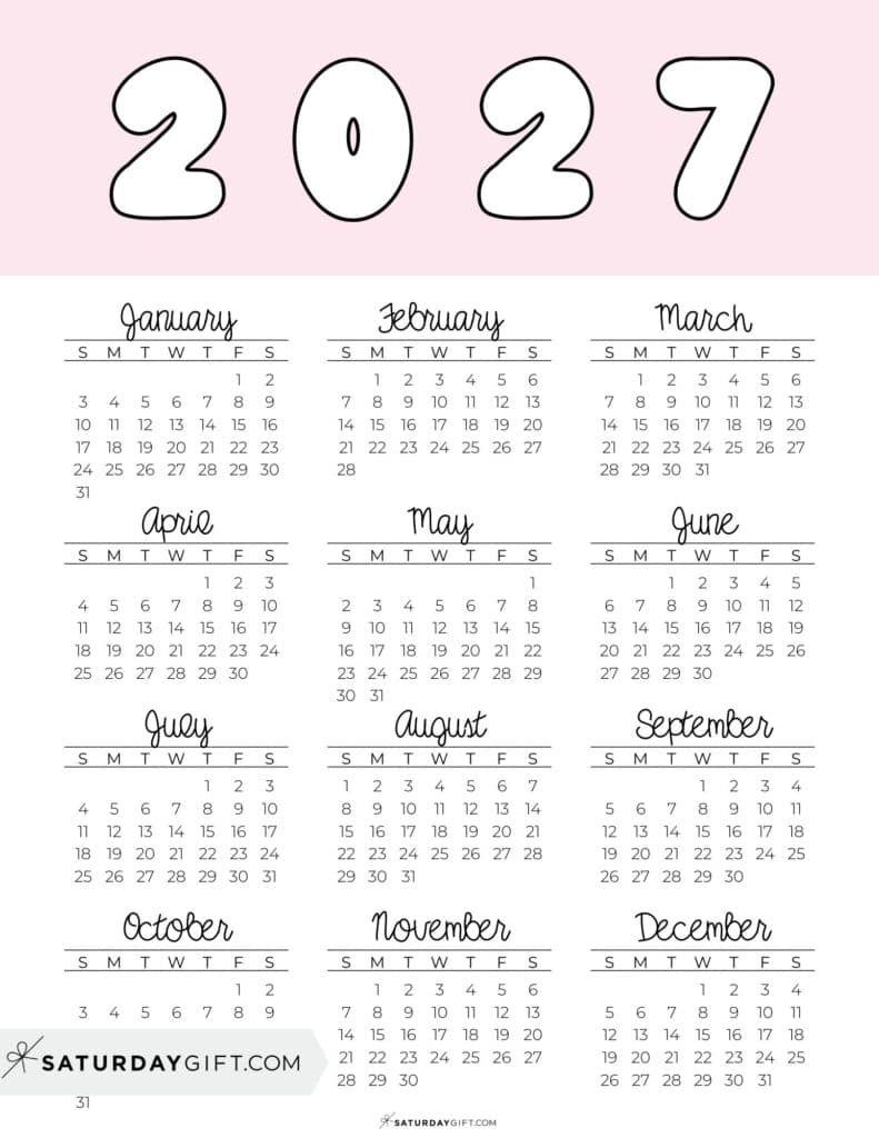 Printable Full Year Calendar 2027 Pink Free Printable PDF