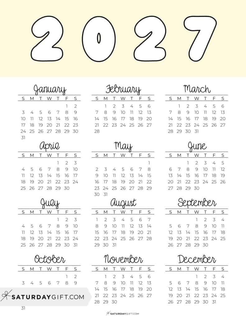 Printable Full Year Calendar 2027 Yellow Free Printable PDF