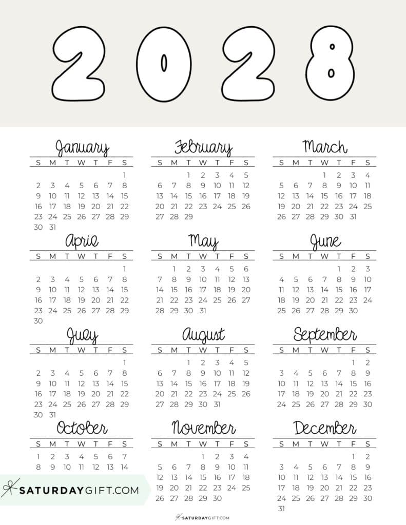 Printable Full Year Calendar 2028 Beige Free Printable PDF