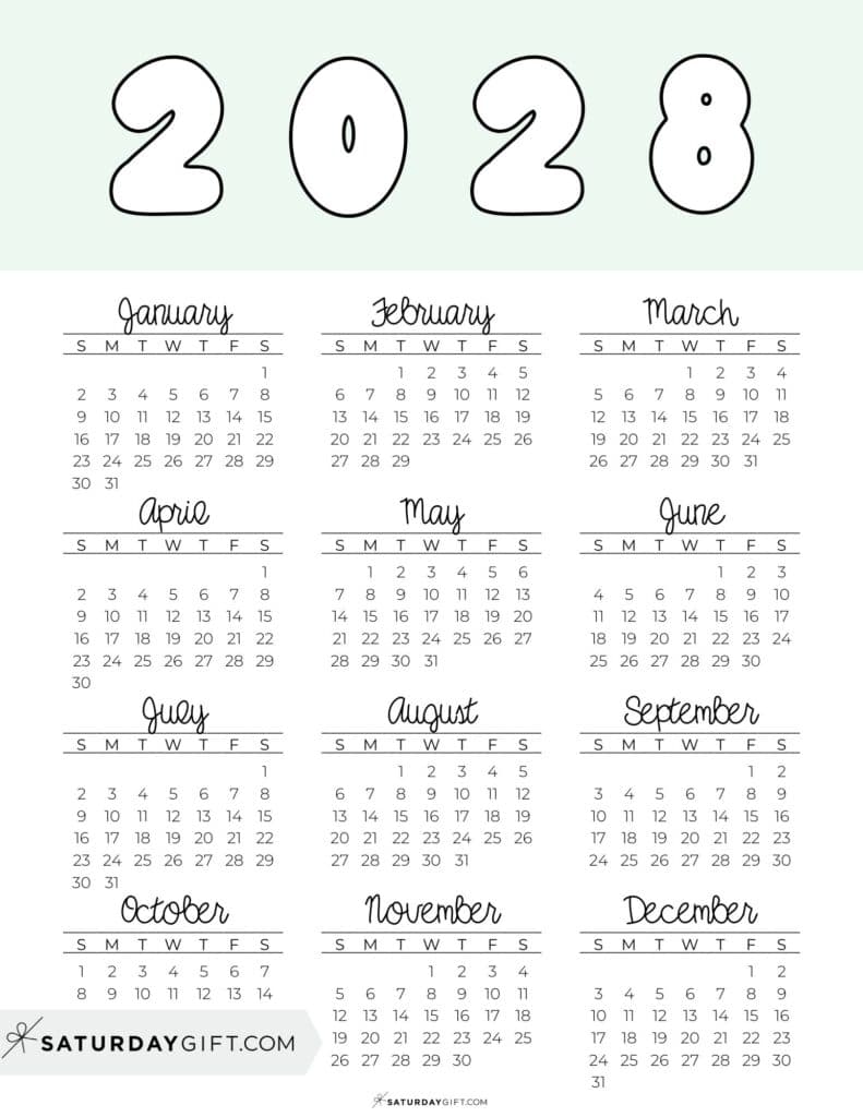 Printable Full Year Calendar 2028 Green Free Printable PDF