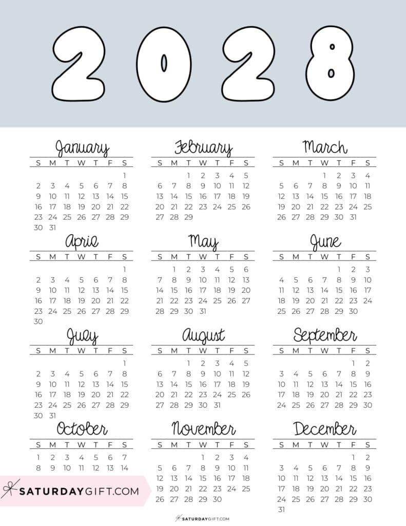 Printable Full Year Calendar 2028 Grey Free Printable PDF