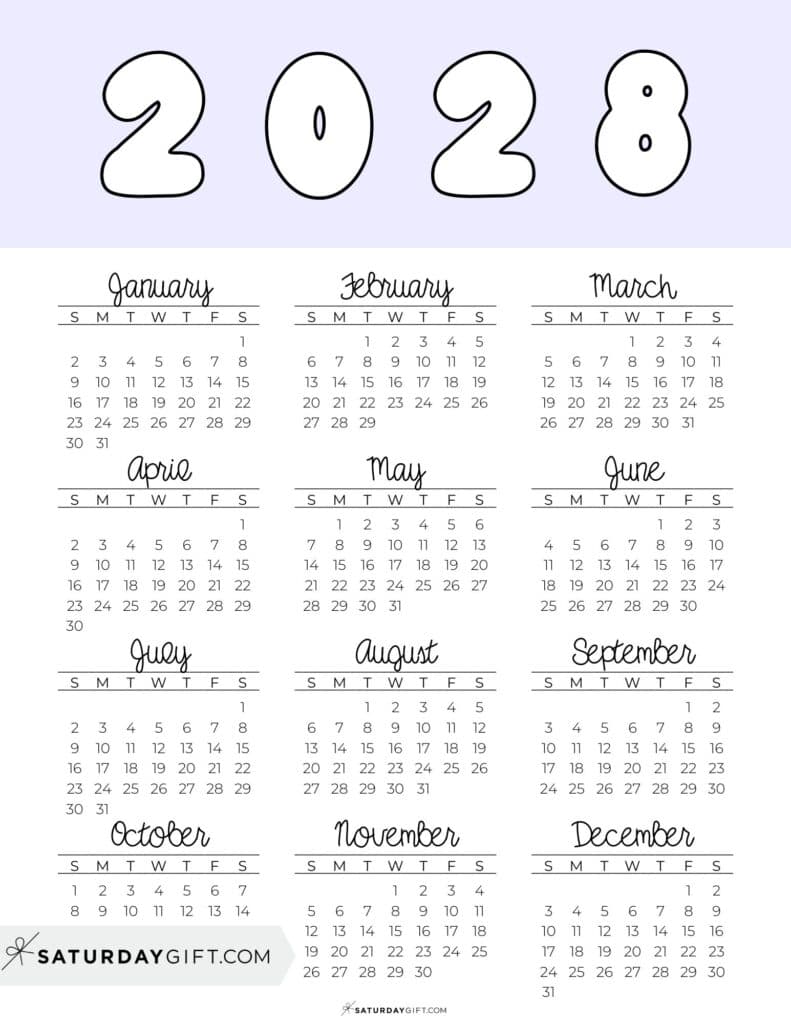 Printable Full Year Calendar 2028 Lilac Free Printable PDF