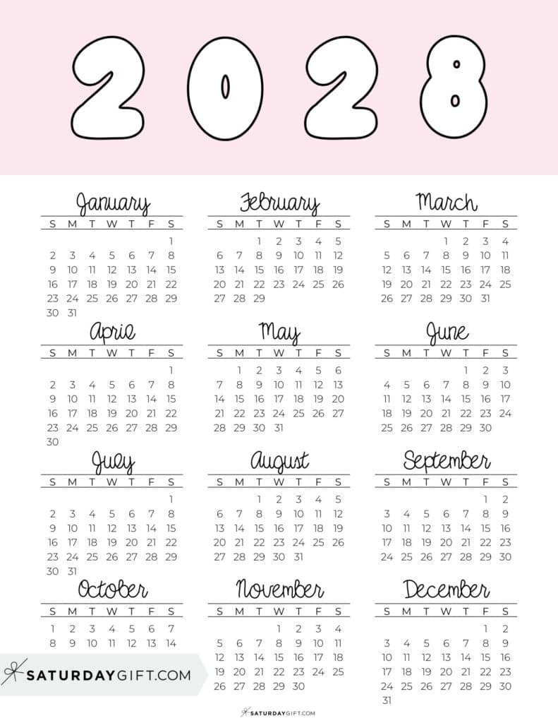 Printable Full Year Calendar 2028 Pink Free Printable PDF