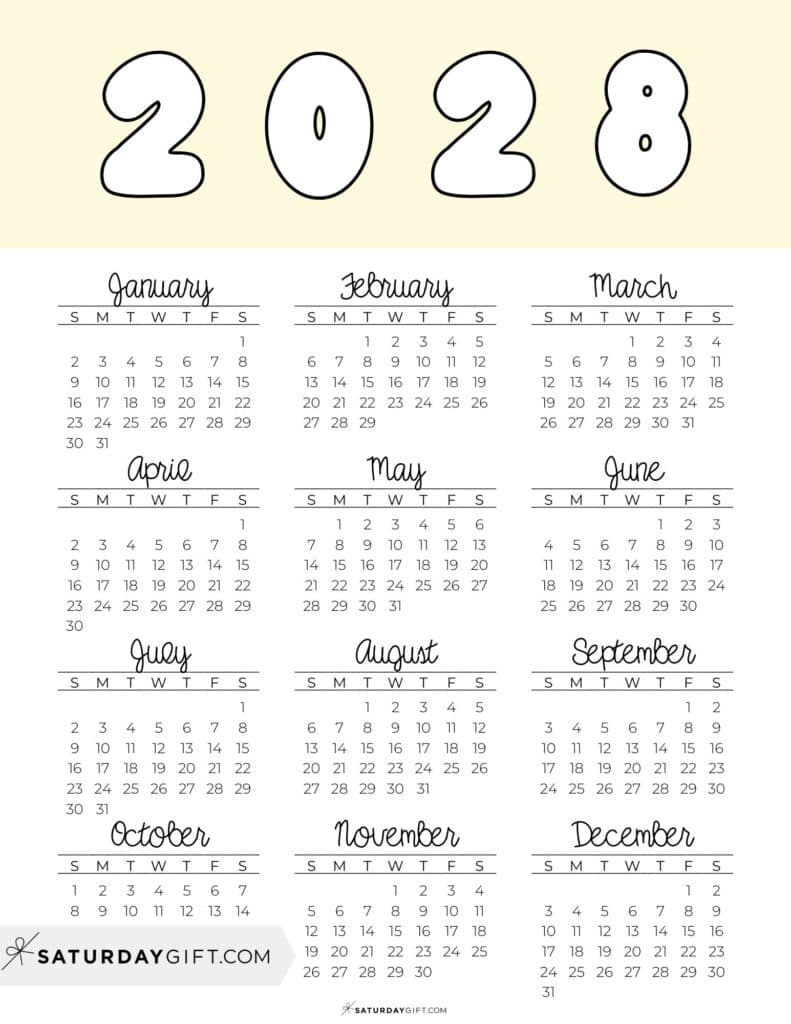 Printable Full Year Calendar 2028 Yellow Free Printable PDF