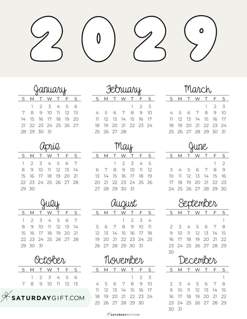 Printable Full Year Calendar 2029 Beige Free Printable PDF