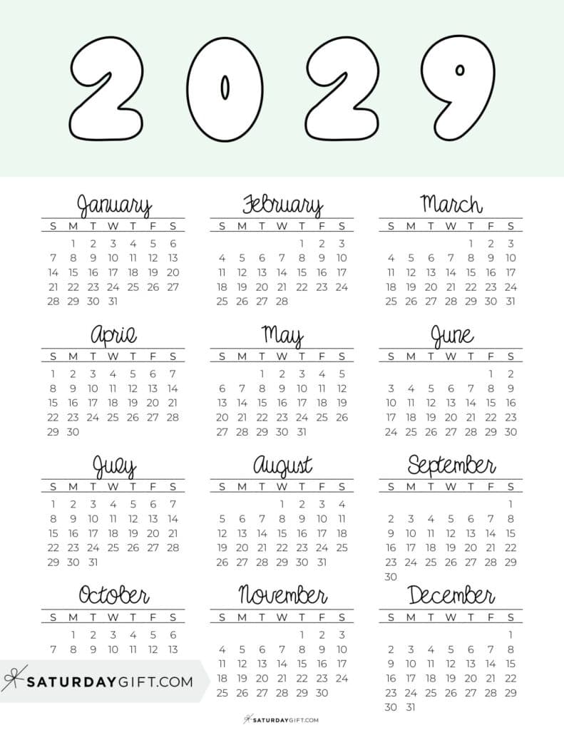 Printable Full Year Calendar 2029 Green Free Printable PDF