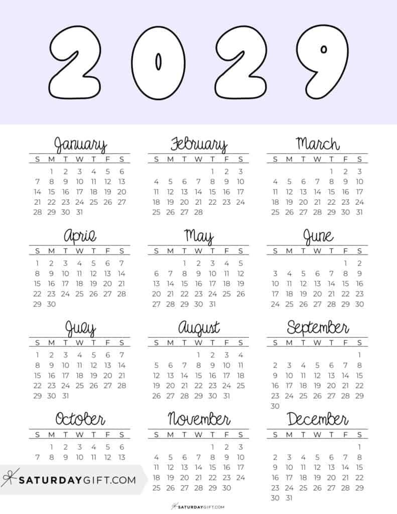 Printable Full Year Calendar 2029 Lilac Free Printable PDF
