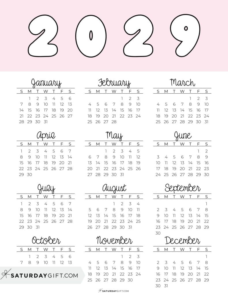 Printable Full Year Calendar 2029 Pink Free Printable PDF