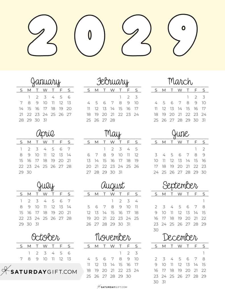 Printable Full Year Calendar 2029 Yellow Free Printable PDF