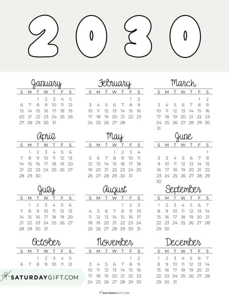 Printable Full Year Calendar 2030 Beige Free Printable PDF