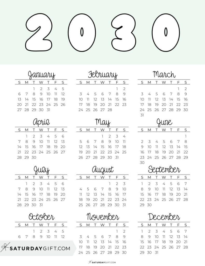 Printable Full Year Calendar 2030 Green Free Printable PDF