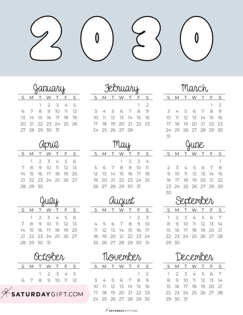 Printable Full Year Calendar 2030 Grey Free Printable PDF