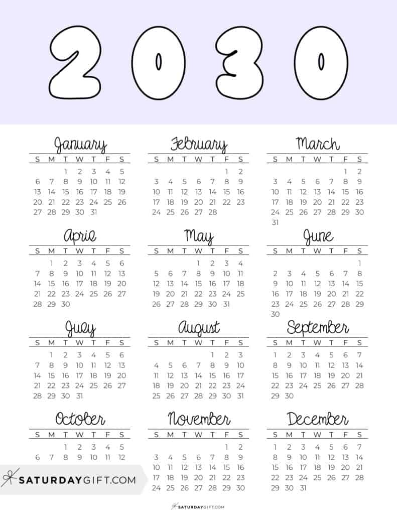 Printable Full Year Calendar 2030 Lilac Free Printable PDF