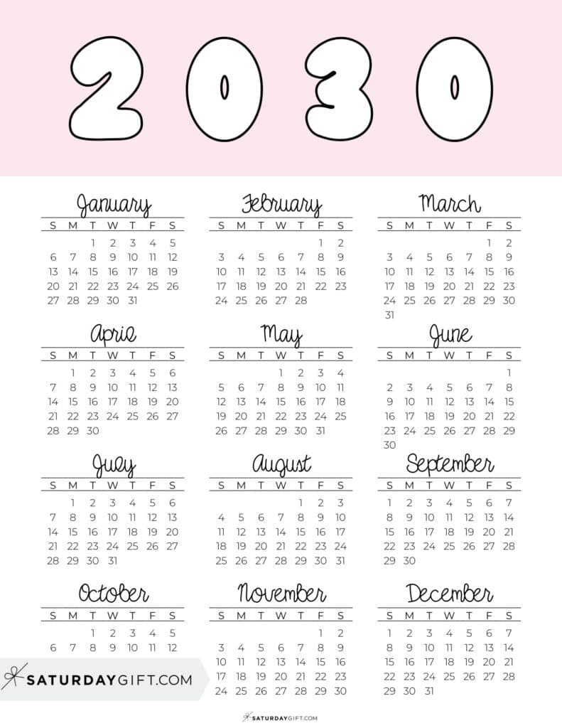 Printable Full Year Calendar 2030 Pink Free Printable PDF