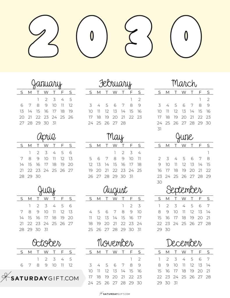 Printable Full Year Calendar 2030 Yellow Free Printable PDF