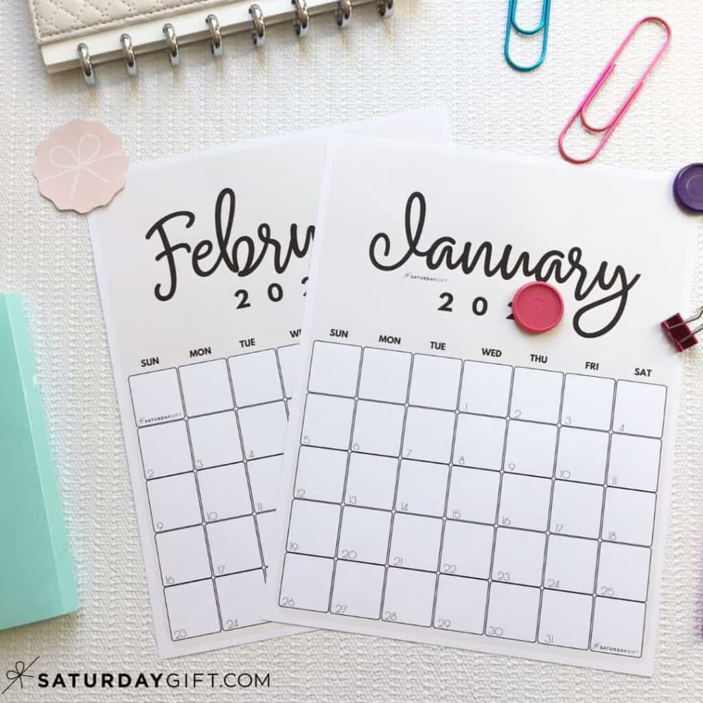 Printable January, February beige calendar by month IMG | SaturdayGift