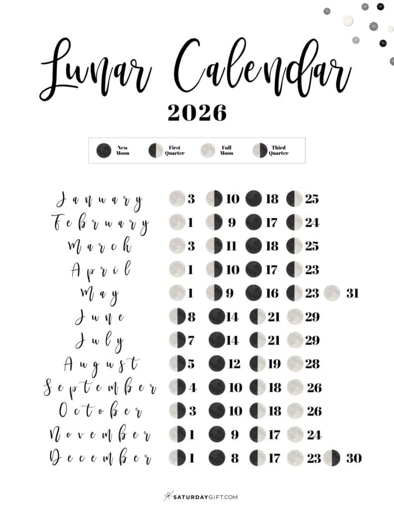 Printable Moon Phases Calendar 2026