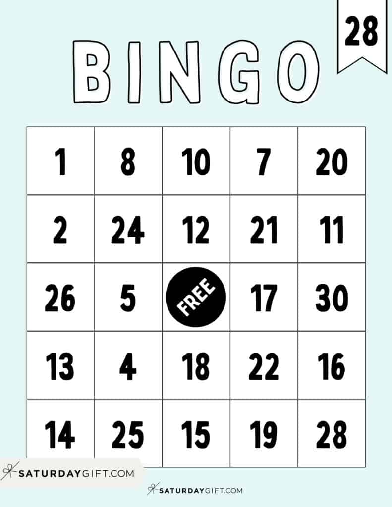 Printable bingo card number 28 green - free printable | SaturdayGift