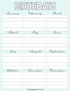 26 Cute & Free Printable Birthday Calendar Templates | SaturdayGift