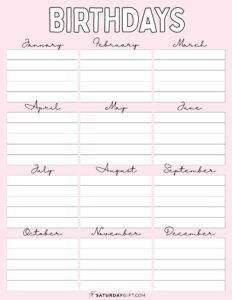 26 Cute & Free Printable Birthday Calendar Templates | SaturdayGift