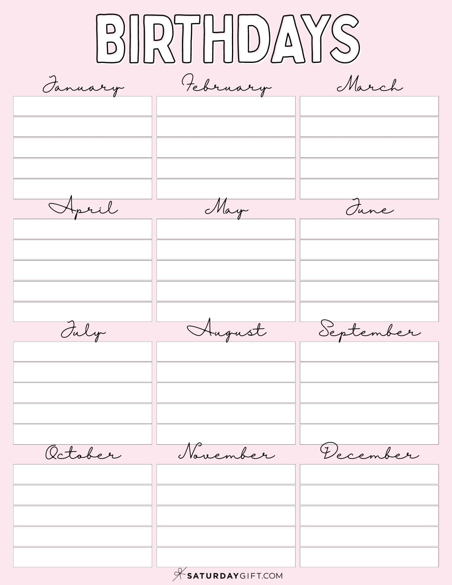 26 Cute & Free Printable Birthday Calendar Templates | SaturdayGift