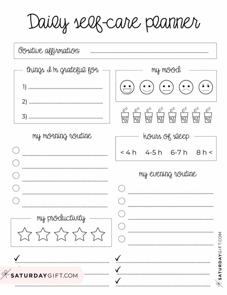Printable daily self care planner black & white | SaturdayGift