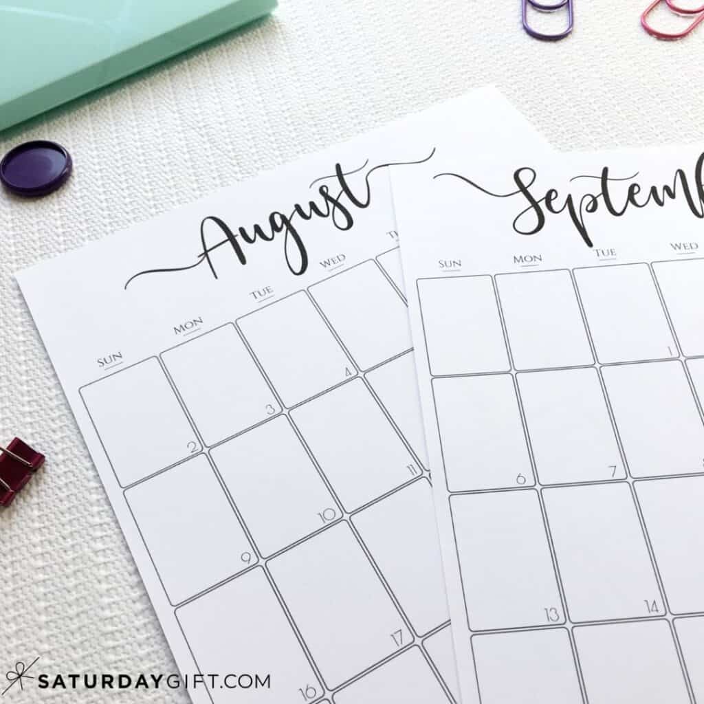Printable monthly calendar August & September Black & White | SaturdayGift
