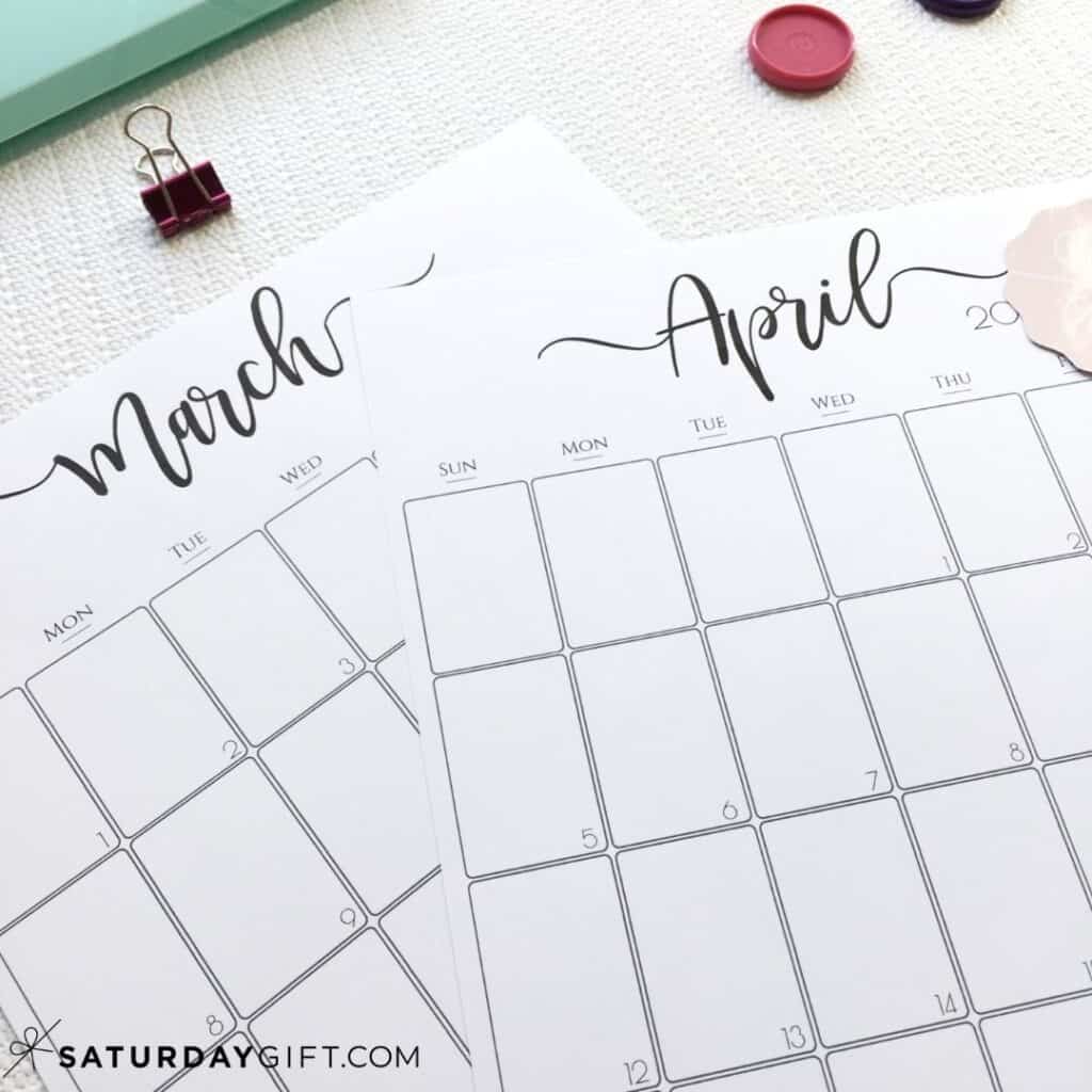 Elegant monthly calendar March and April Black & White | SaturdayGift