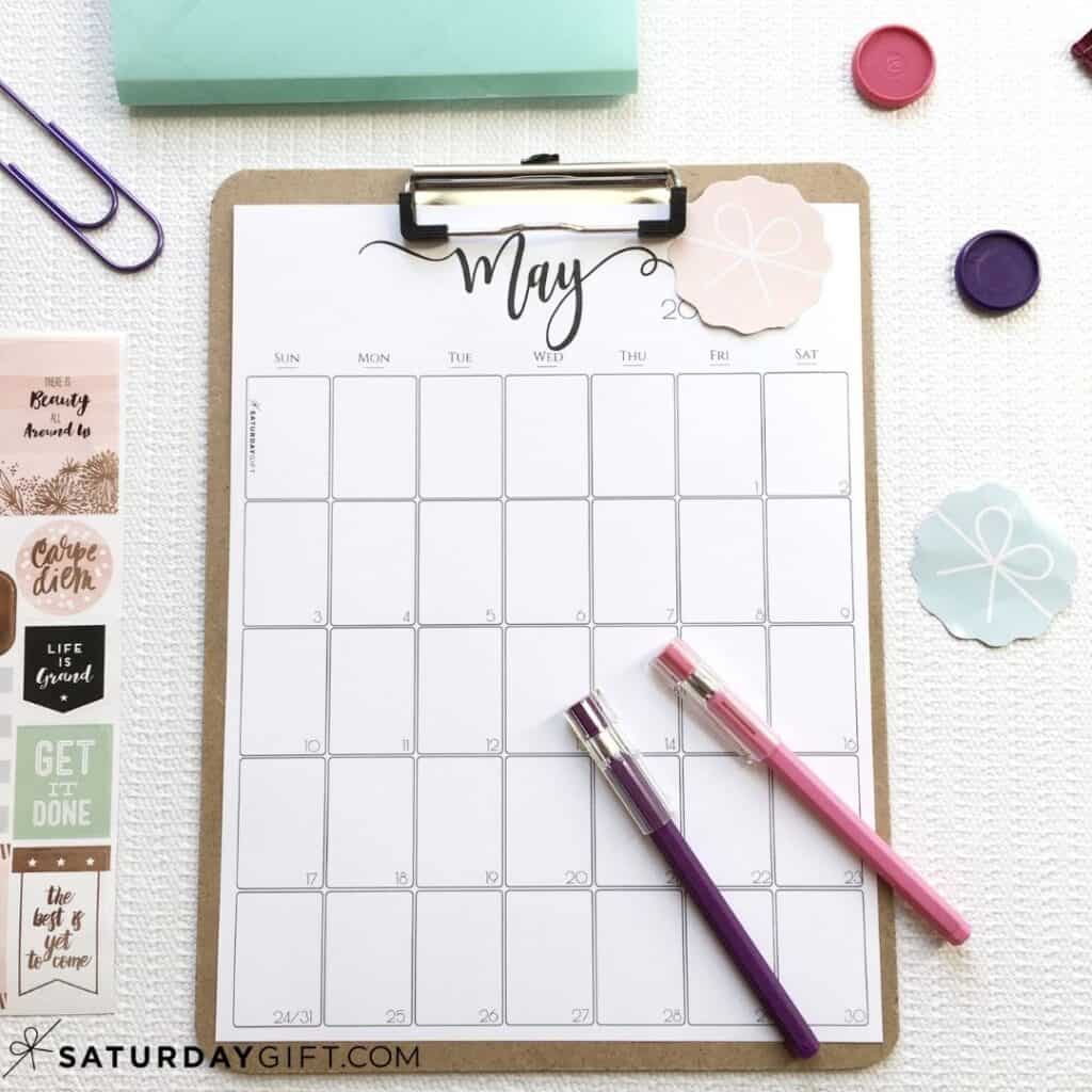 Printable calendar by month for May - Black & White | SaturdayGift