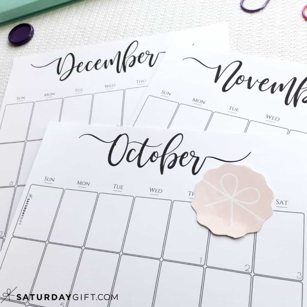 Printable monthly calendar October, November, December | SaturdayGift