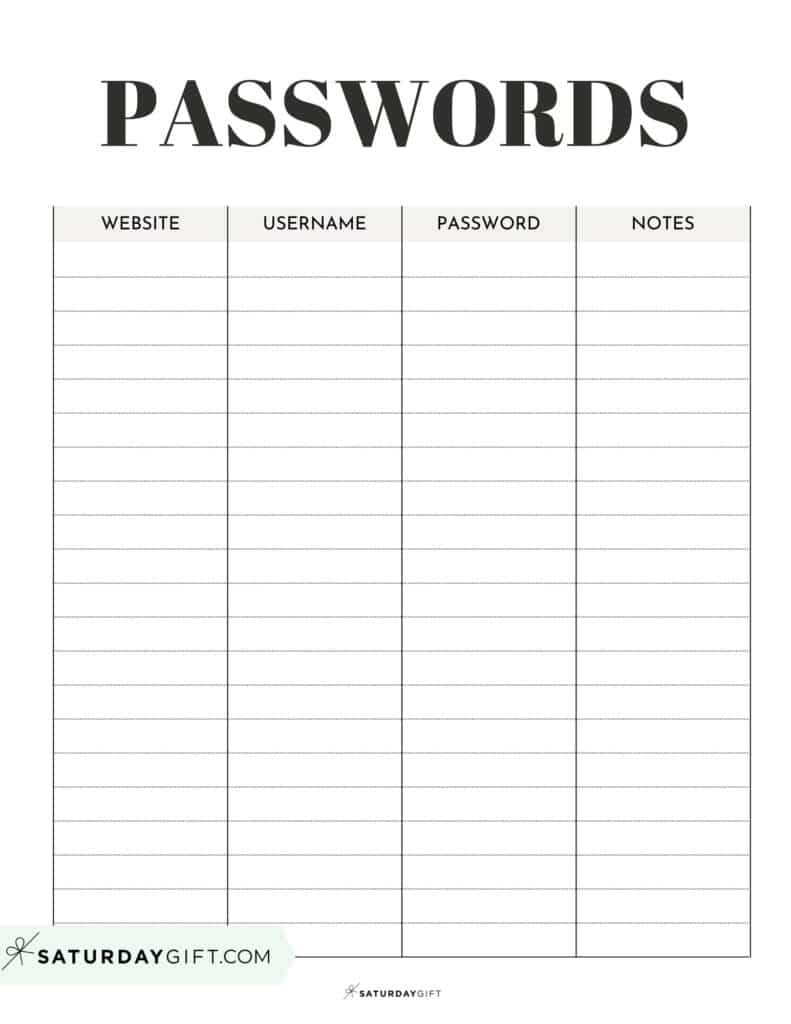 Password Logs & Trackers - 25 FREE Printables