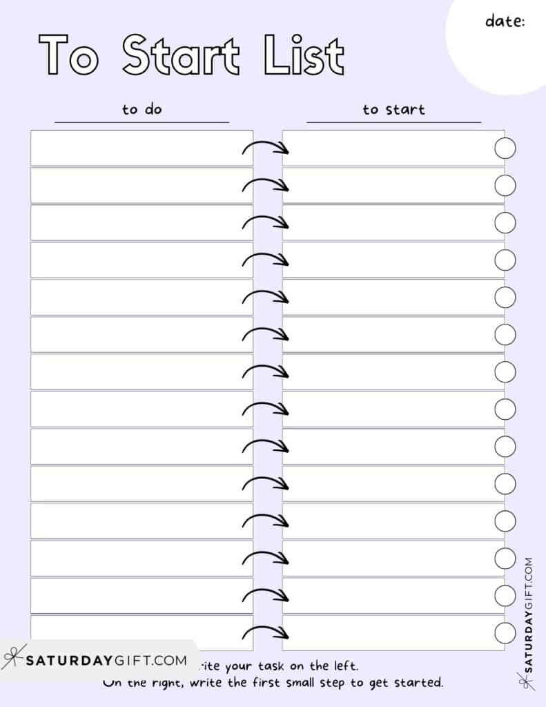 Productivity Starter List Template &ndash; Lavender Anti Overwhelm Planner with Date | SaturdayGift
