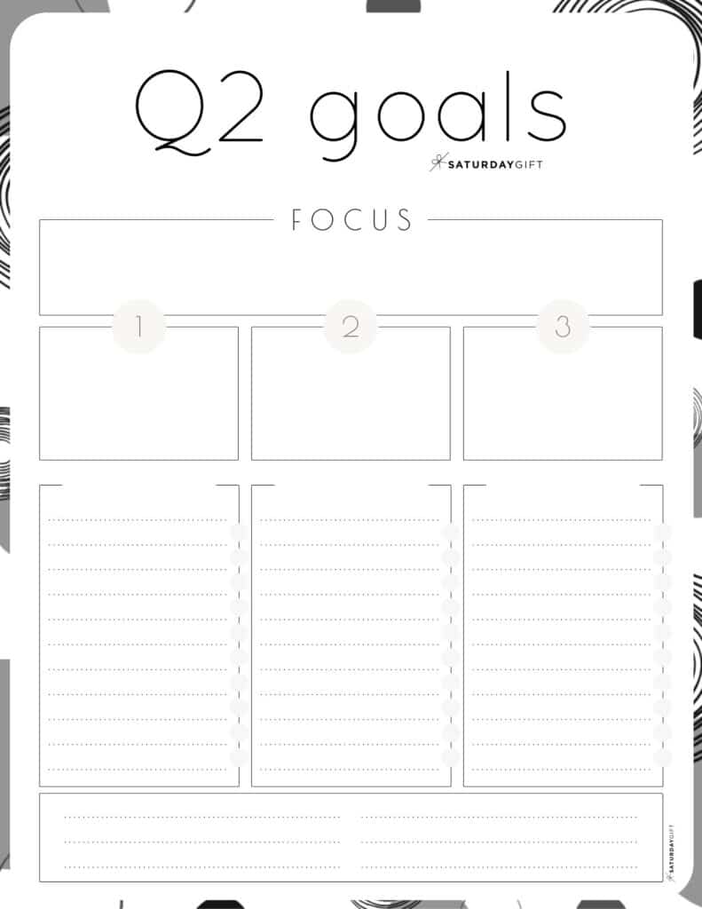 Q2 goals - Set and achieve quarter two goals worksheet {Free Printable} black & white | SaturdayGift