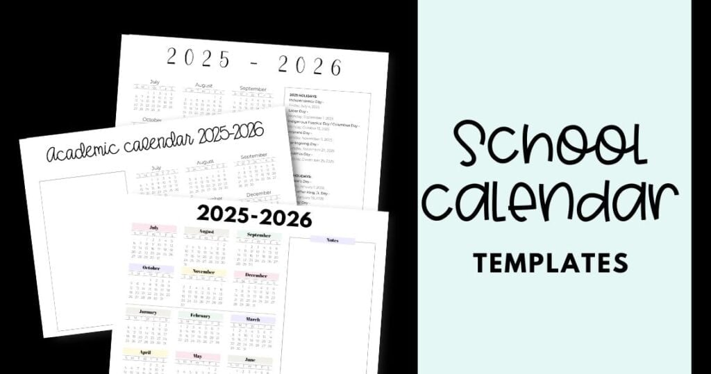 School year calendar printable template 2025-2026 | SaturdayGift