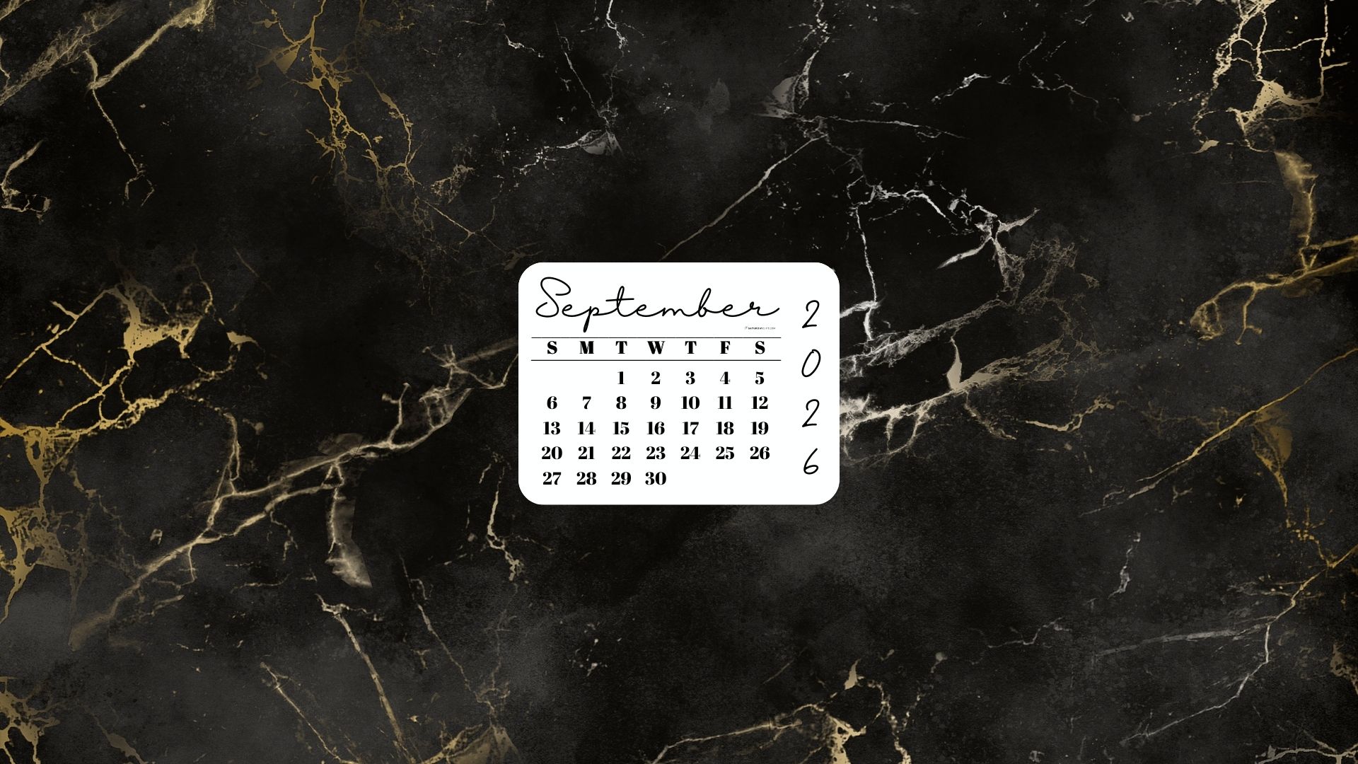 September 2026 Desktop Wallpaper Background - Black & Gold Marble | SaturdayGift