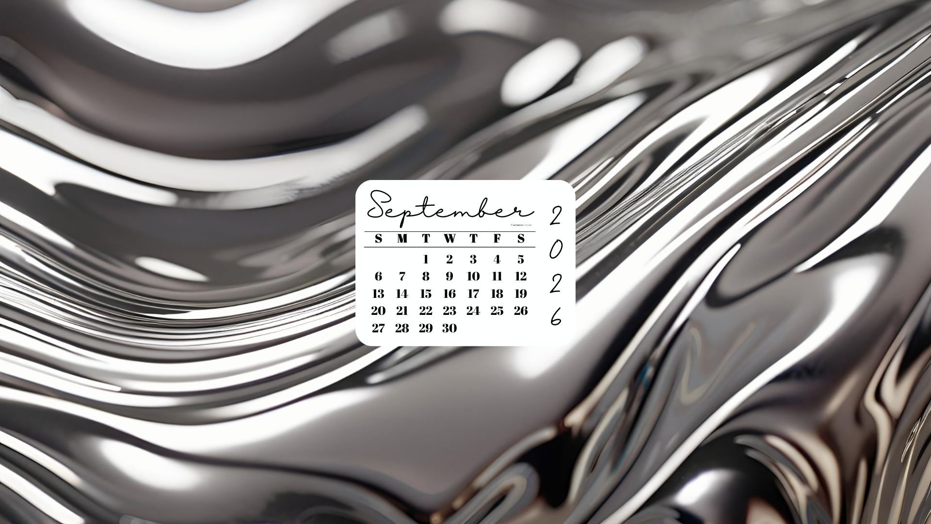 September 2026 Desktop Wallpaper Background - Liquid Silver | SaturdayGift