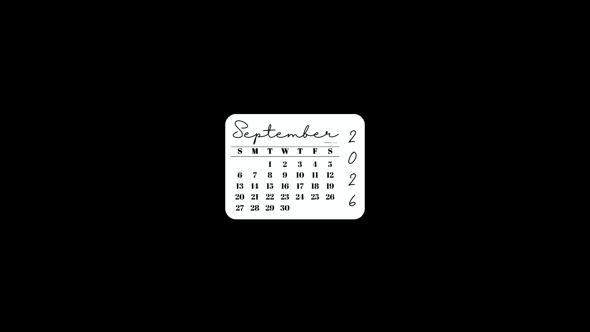 September 2026 Desktop Wallpaper Background - Minimal Black | SaturdayGift