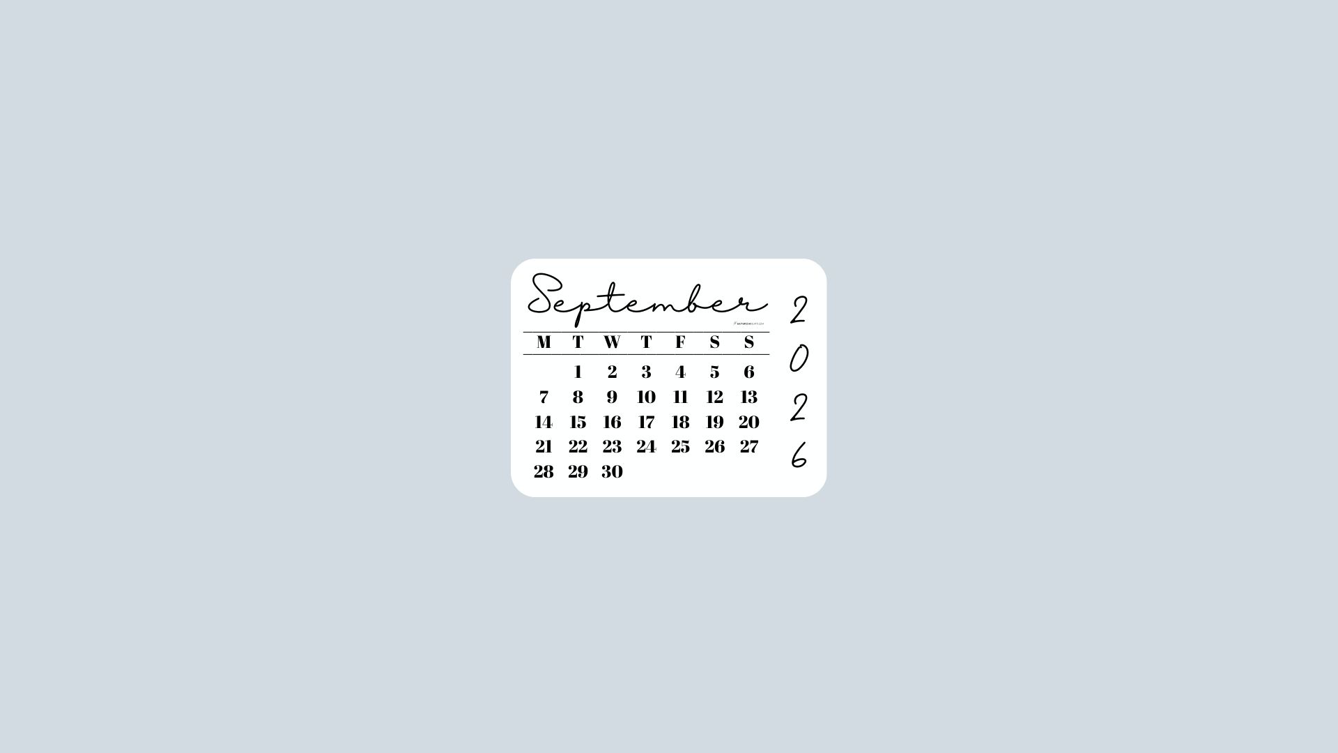 September 2026 Desktop Wallpaper Background - Minimal Grey | SaturdayGift