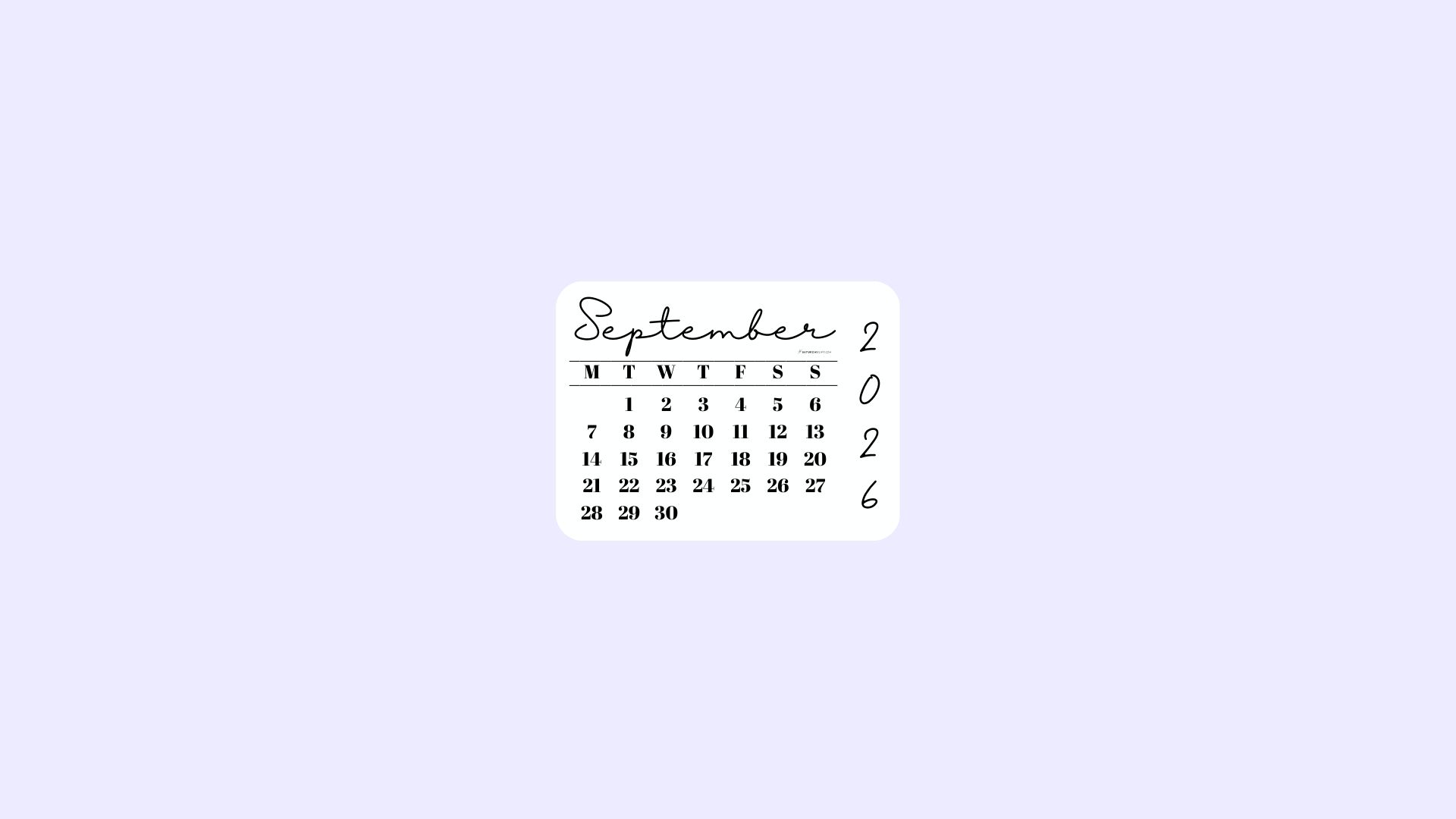September 2026 Desktop Wallpaper Background - Simple Lilac | SaturdayGift