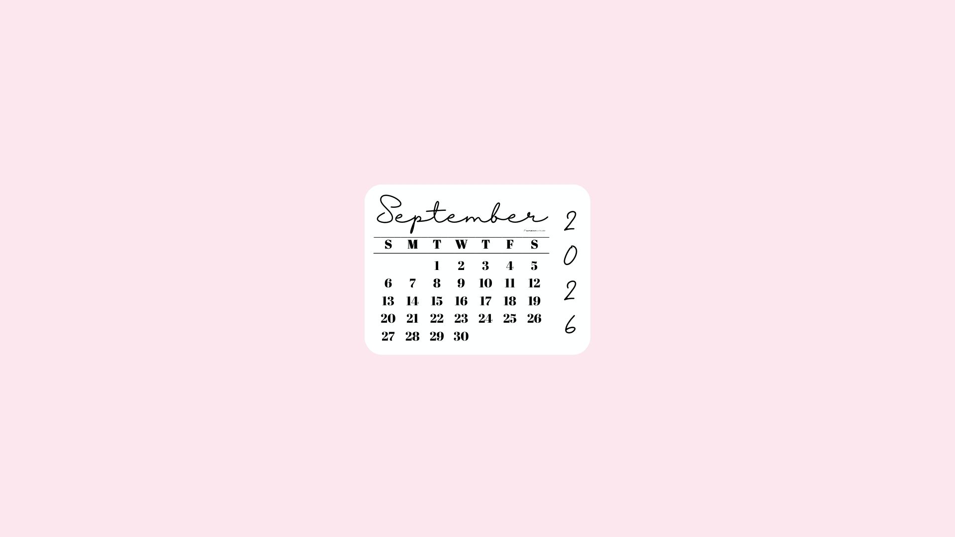 September 2026 Desktop Wallpaper Background - Simple Pink | SaturdayGift