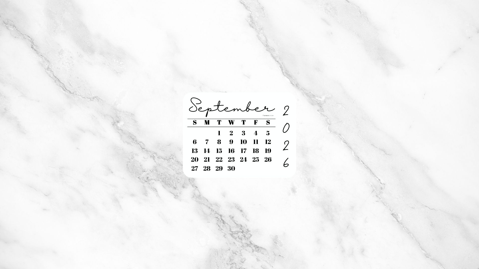 September 2026 Desktop Wallpaper Background - White Marble | SaturdayGift