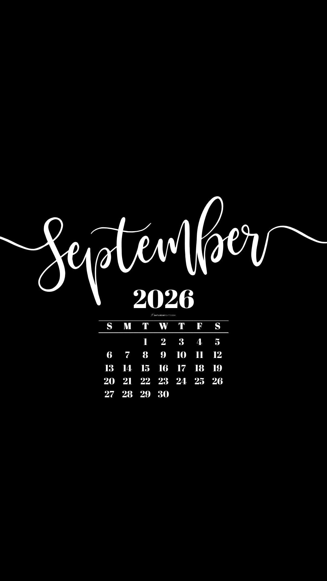 September 2026 Phone Background Wallpaper - Black | SaturdayGift